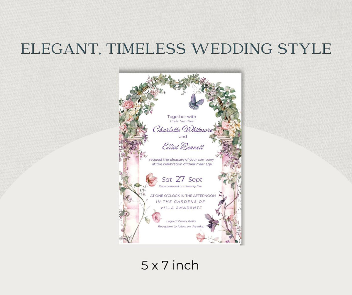 Pink Floral Arch Wedding Invitation. Summer Garden Butterfly Invite. Editable Canva Template, Instant Download