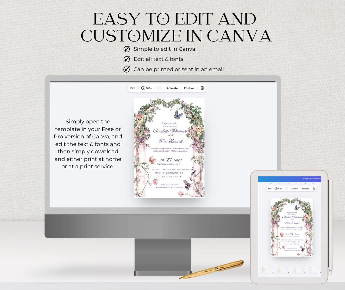 Pink Floral Arch Wedding Invitation. Summer Garden Butterfly Invite. Editable Canva Template, Instant Download