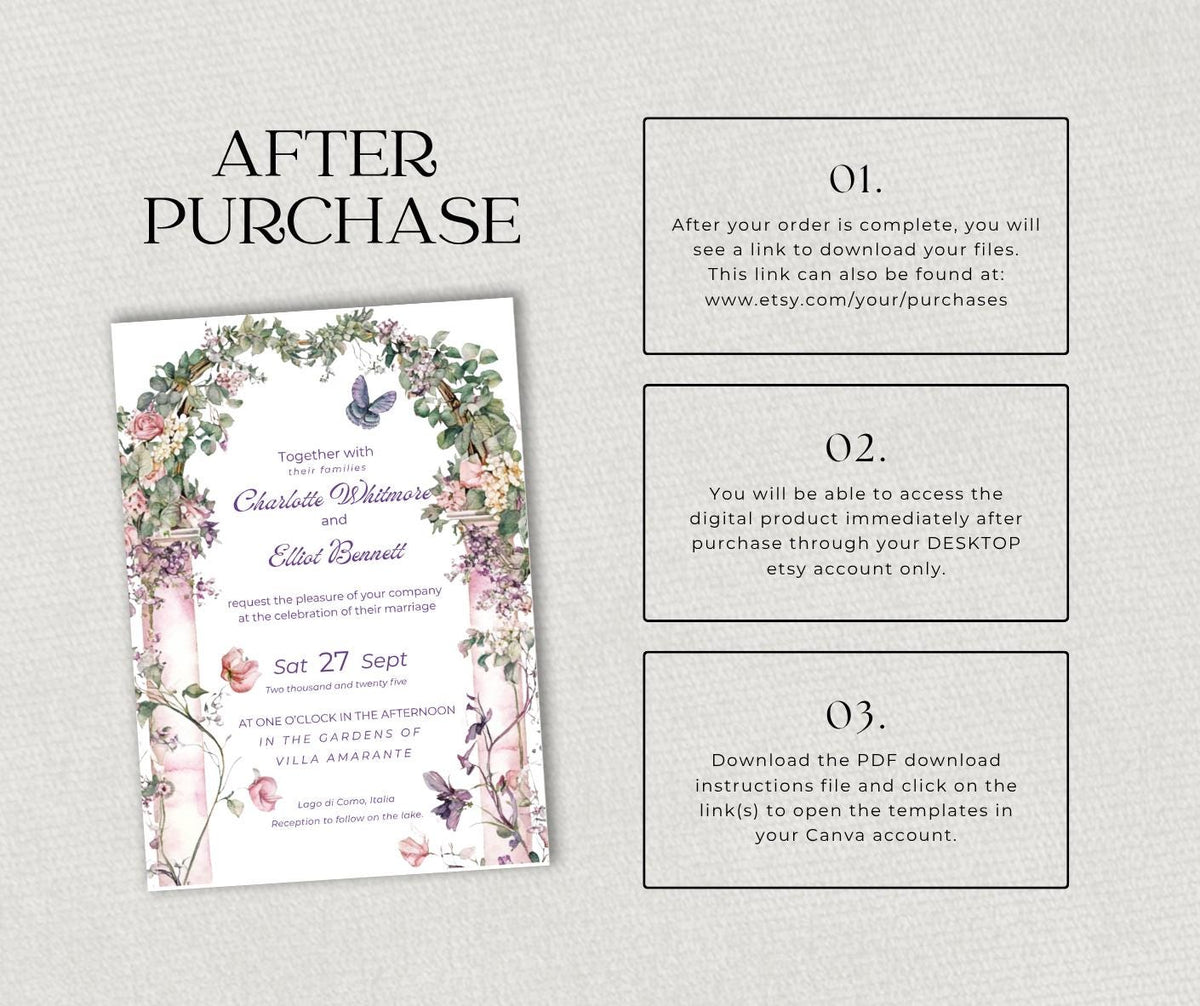 Pink Floral Arch Wedding Invitation. Summer Garden Butterfly Invite. Editable Canva Template, Instant Download