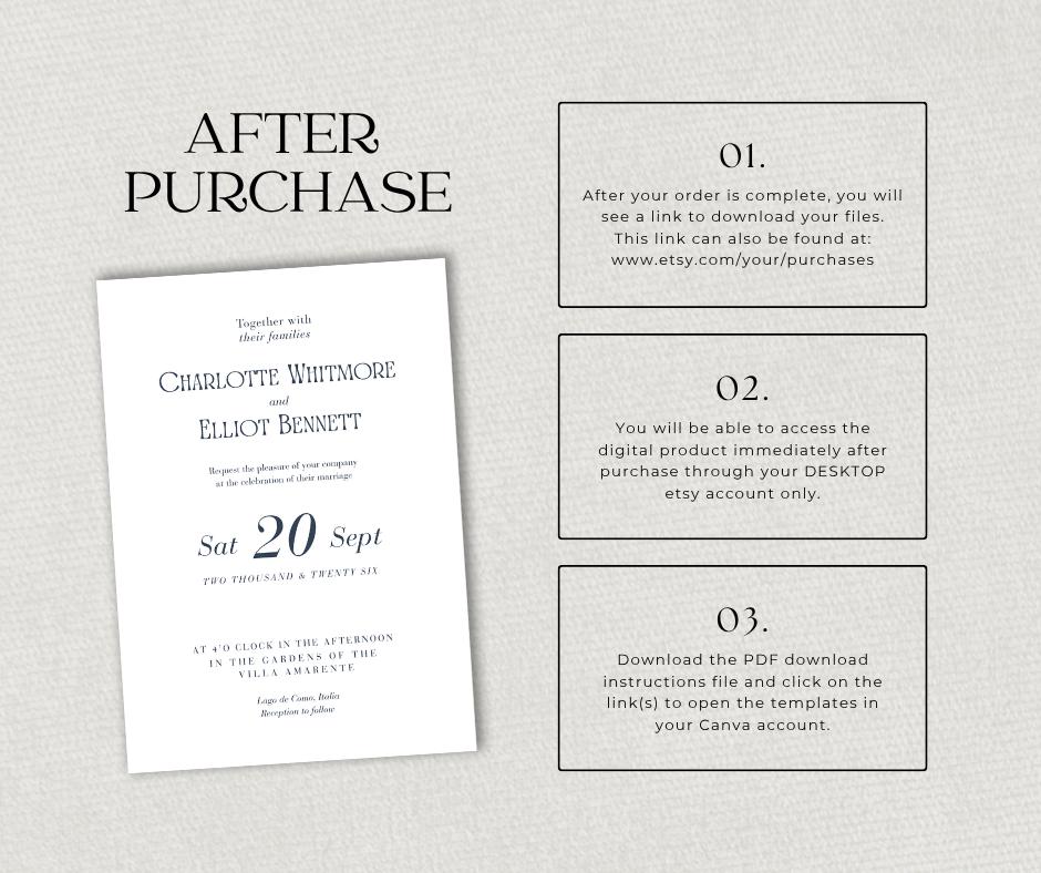 Navy and White Minimalist Wedding Invitation. Elegant Modern Script Invite, Editable Canva Template, Instant Download.