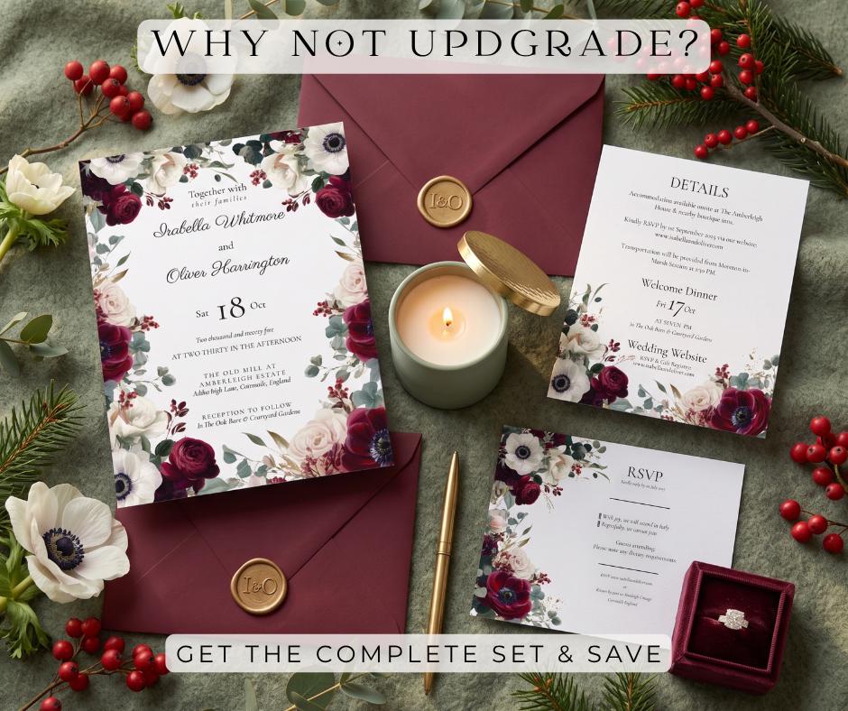 Burgundy Wedding Invitation. Floral Olive and Cream Invite. Editable Canva Template, Digital Download.
