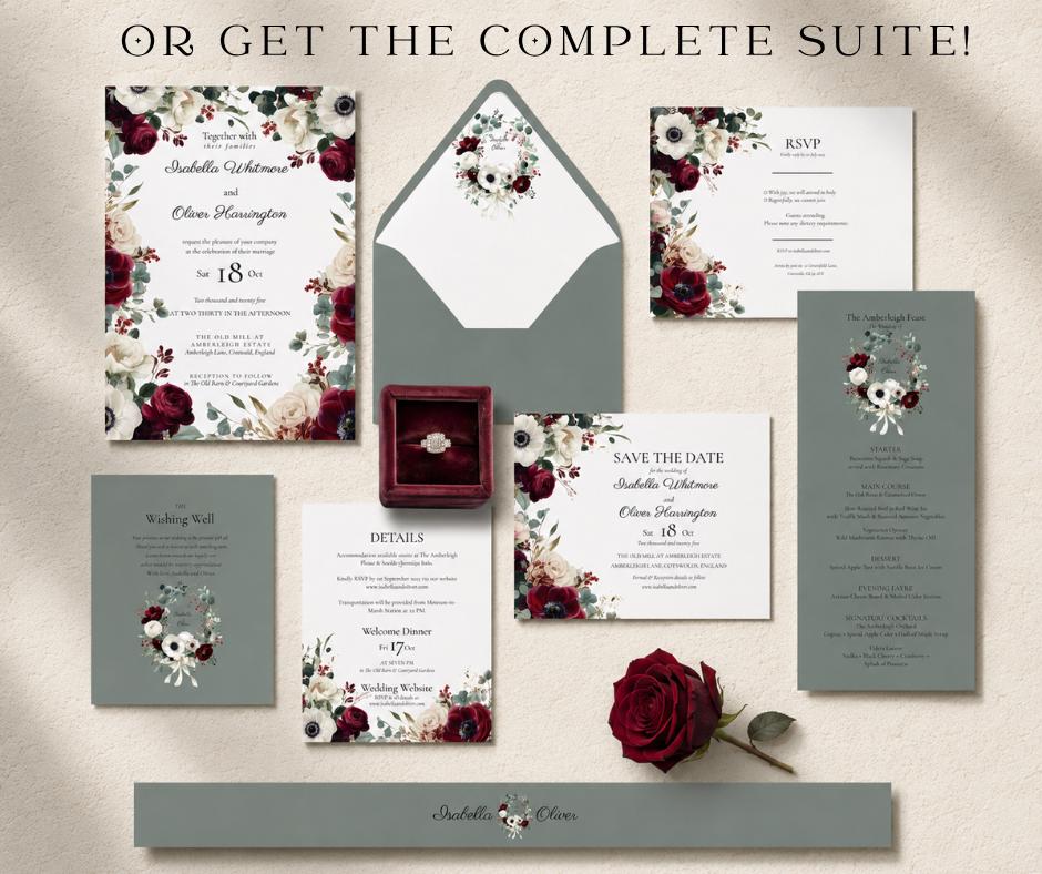 Burgundy Wedding Invitation. Floral Olive and Cream Invite. Editable Canva Template, Digital Download.