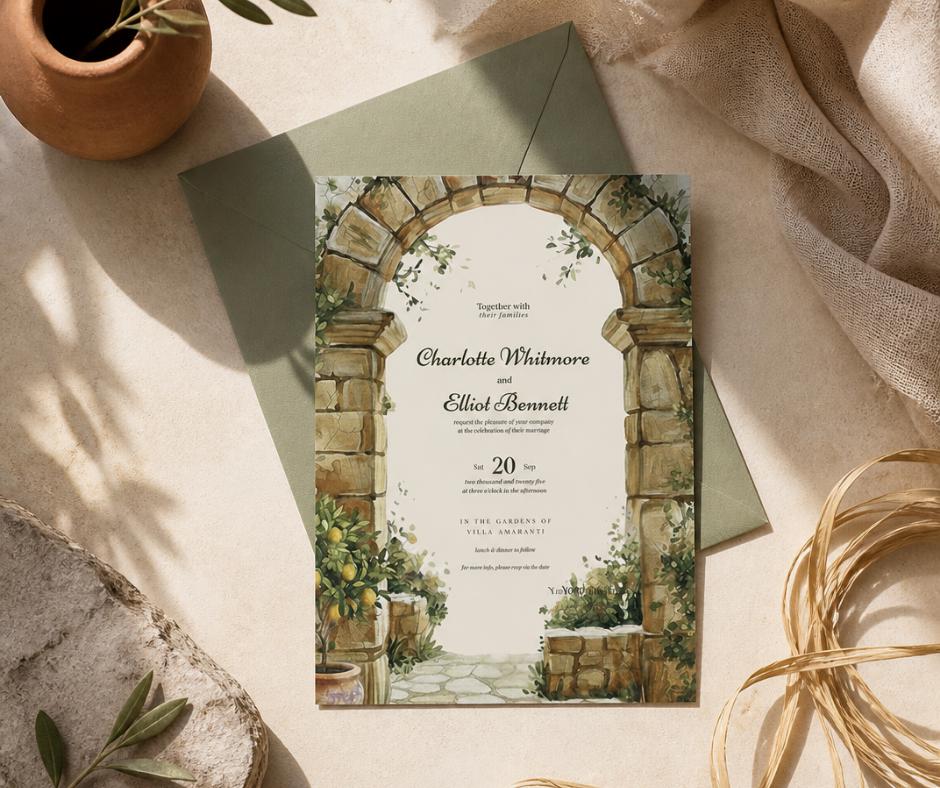 Tuscan Wedding Invitation. Stone Archway Olive Grove Invite. Editable Canva Template, Italian Destination Design