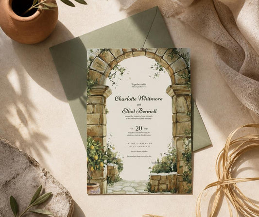 Tuscan Wedding Invitation. Stone Archway Olive Grove Invite. Editable Canva Template, Italian Destination Design