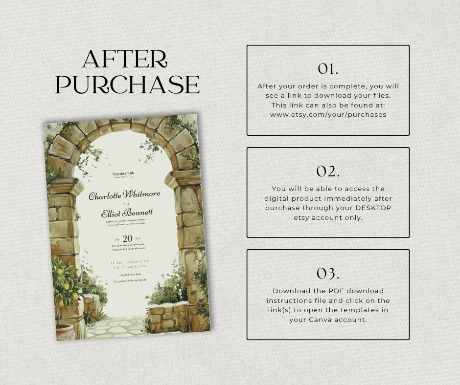 Tuscan Wedding Invitation. Stone Archway Olive Grove Invite. Editable Canva Template, Italian Destination Design