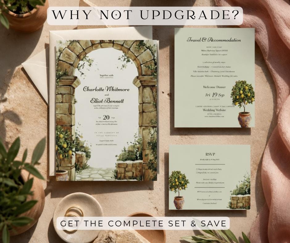 Tuscan Wedding Invitation. Stone Archway Olive Grove Invite. Editable Canva Template, Italian Destination Design