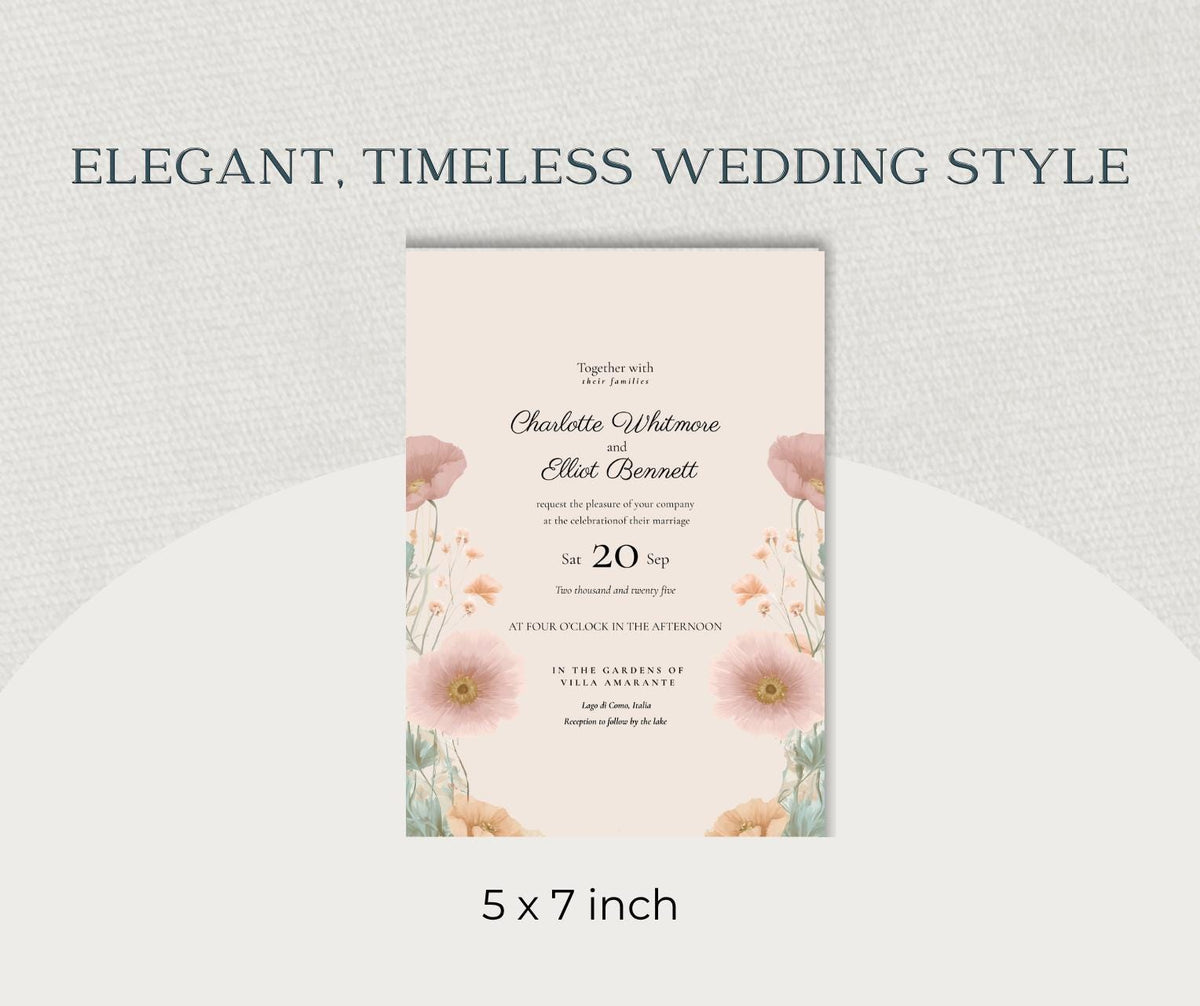 Peach and Sage Wedding Invitation. Botanical Wildflower Invite. Editable Pansy Canva Template, Instant Download