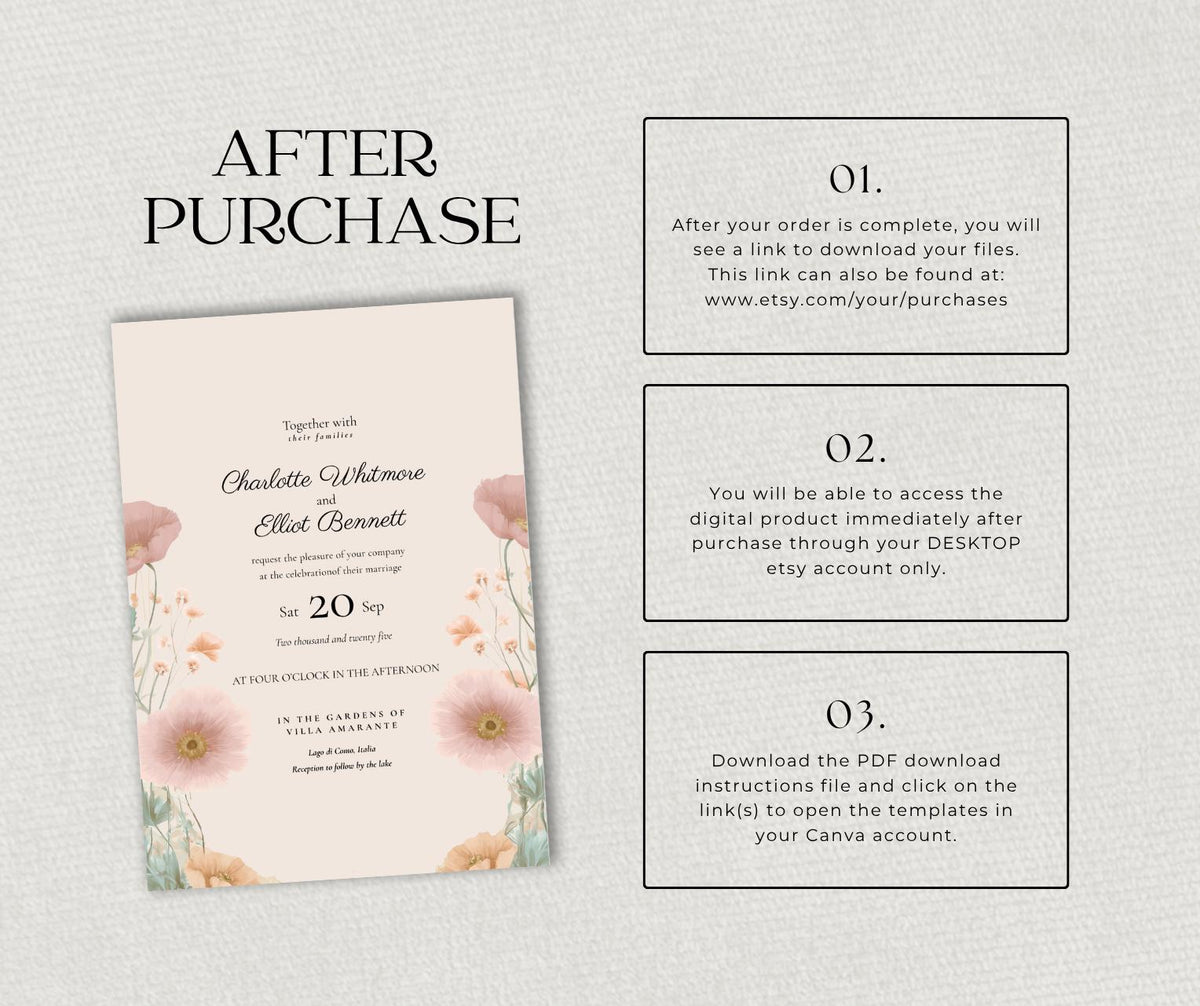 Peach and Sage Wedding Invitation. Botanical Wildflower Invite. Editable Pansy Canva Template, Instant Download
