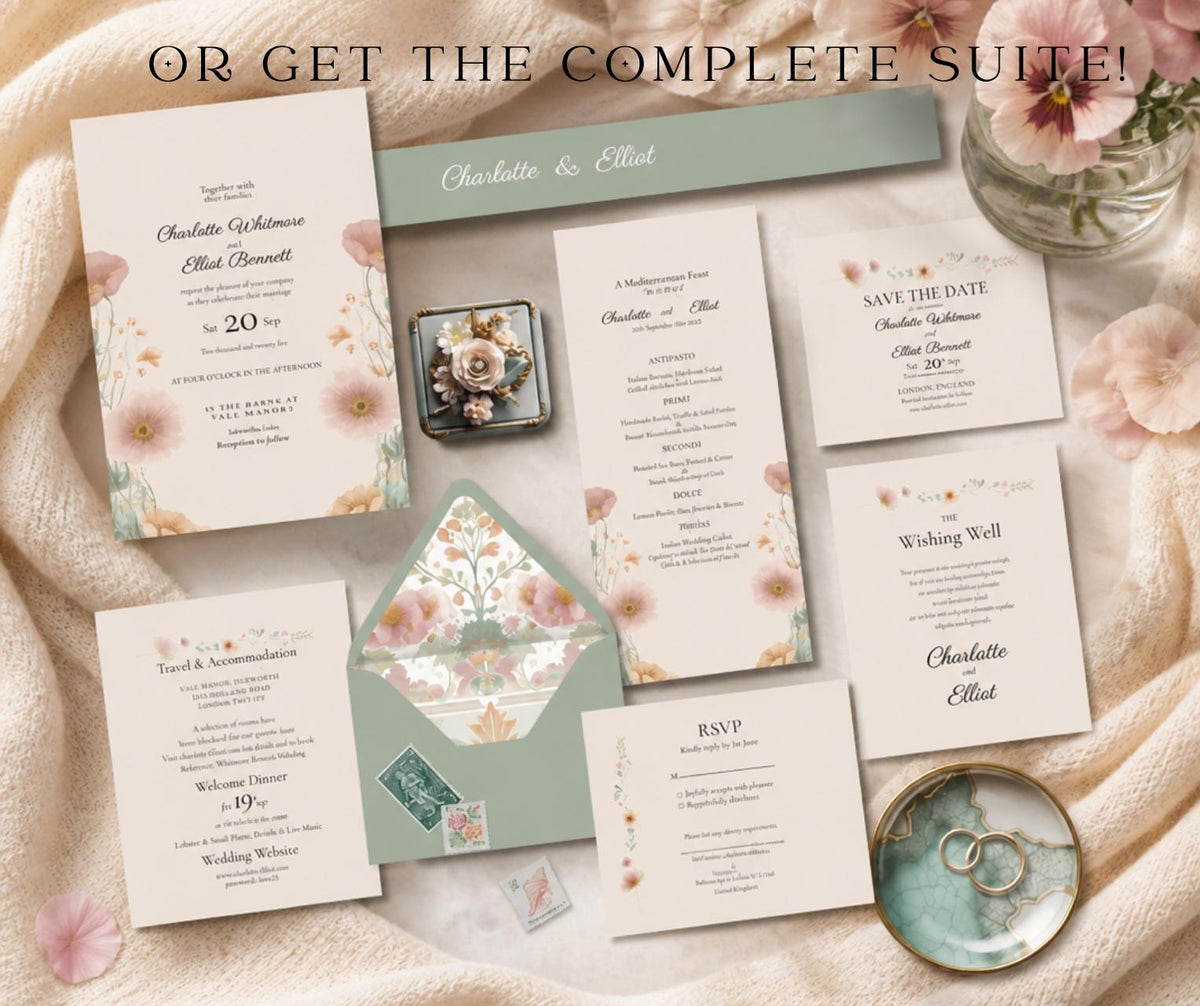 Peach and Sage Wedding Invitation. Botanical Wildflower Invite. Editable Pansy Canva Template, Instant Download