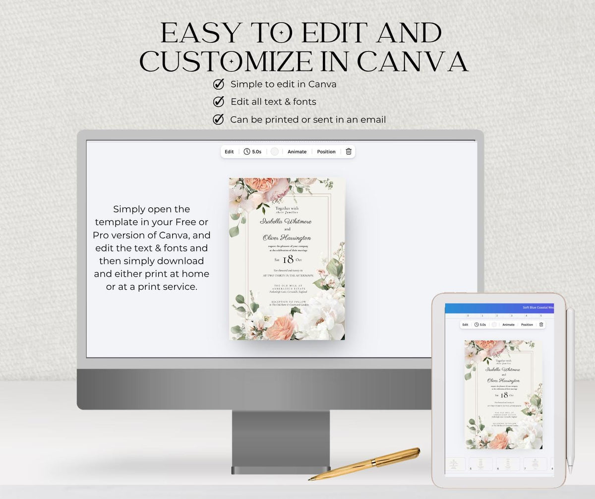 Peach and Cream Wedding Invitation. English Rose Garden Floral Invite, Editable Canva Template, Instant Download.