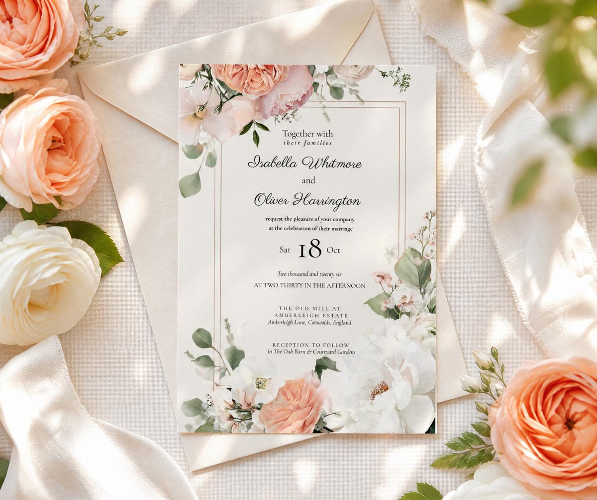 Peach and Cream Wedding Invitation. English Rose Garden Floral Invite, Editable Canva Template, Instant Download.
