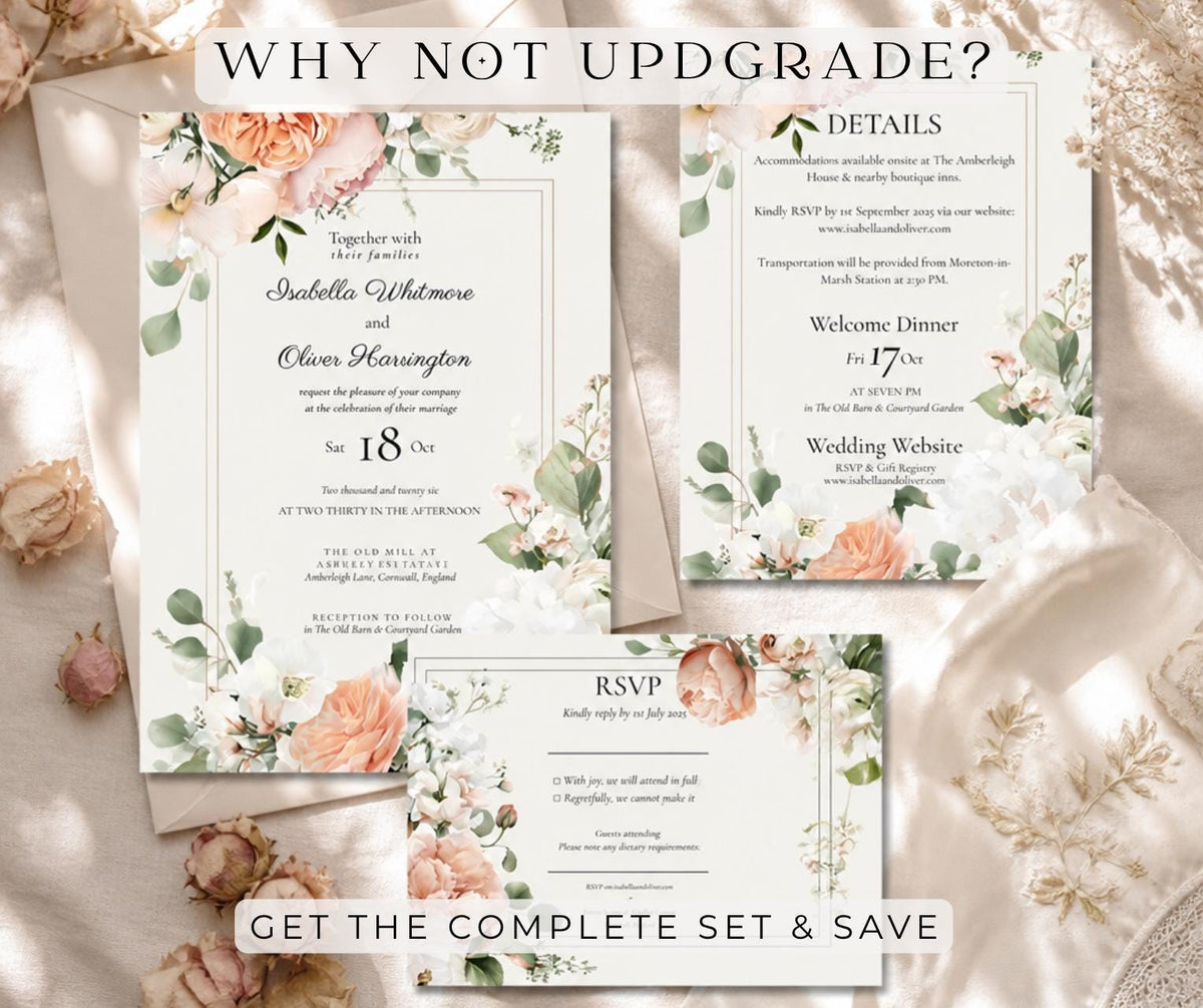Peach and Cream Wedding Invitation. English Rose Garden Floral Invite, Editable Canva Template, Instant Download.