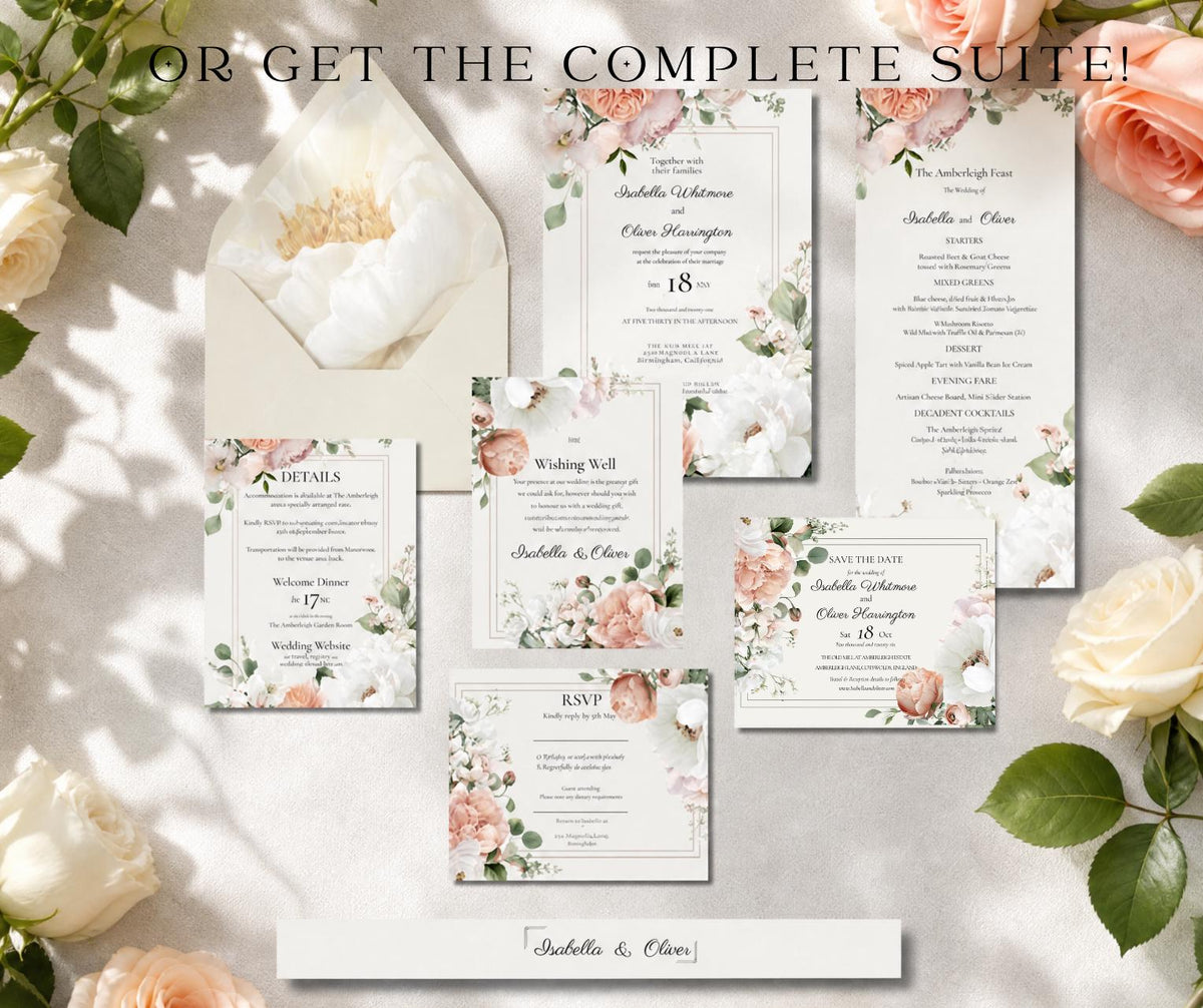 Peach and Cream Wedding Invitation. English Rose Garden Floral Invite, Editable Canva Template, Instant Download.