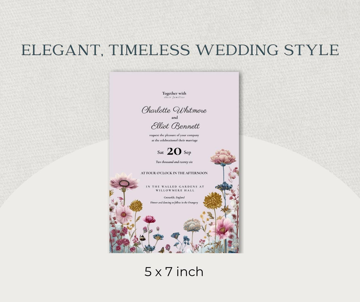 Wildflower Garden Wedding Invitation. Pink and Teal Botanical Invite, Editable Canva Template. Countryside Design.