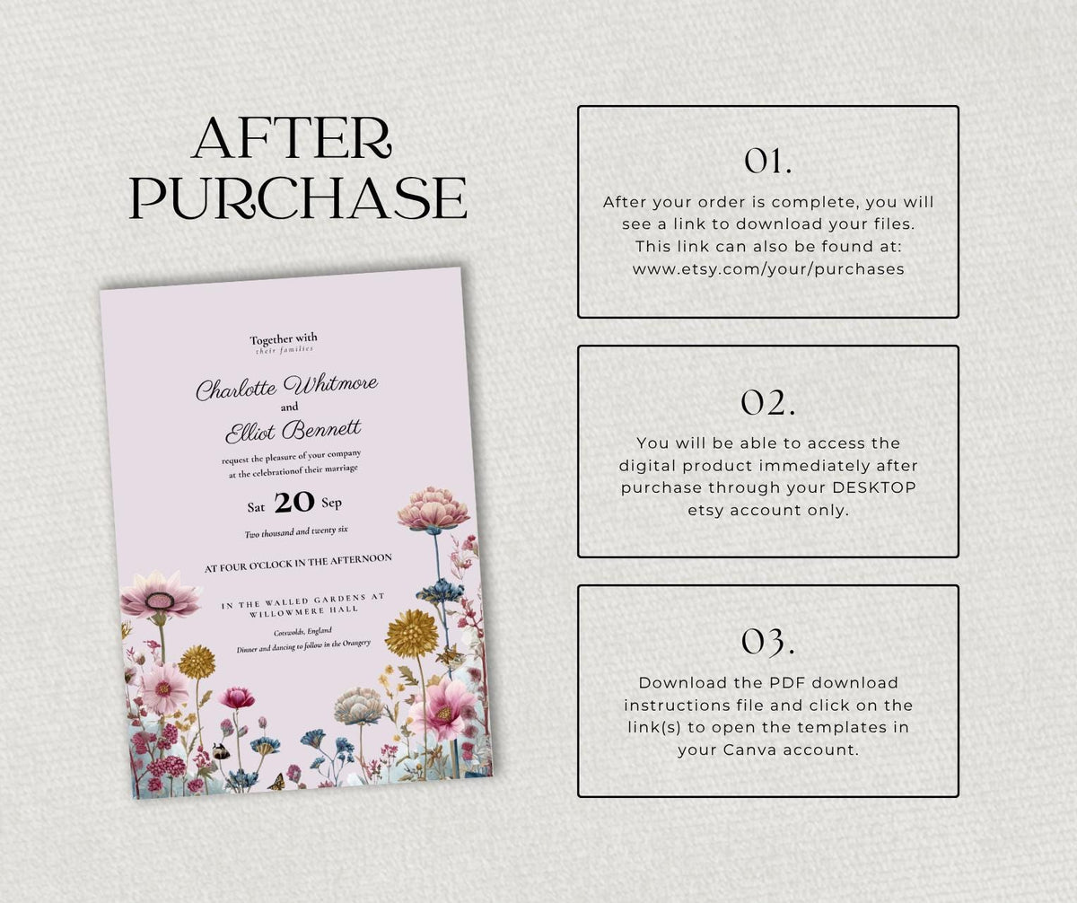 Wildflower Garden Wedding Invitation. Pink and Teal Botanical Invite, Editable Canva Template. Countryside Design.