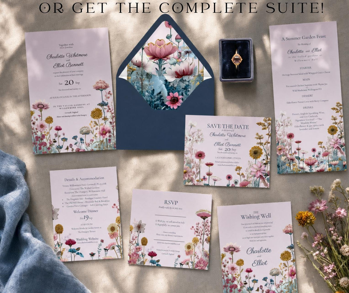 Wildflower Garden Wedding Invitation. Pink and Teal Botanical Invite, Editable Canva Template. Countryside Design.