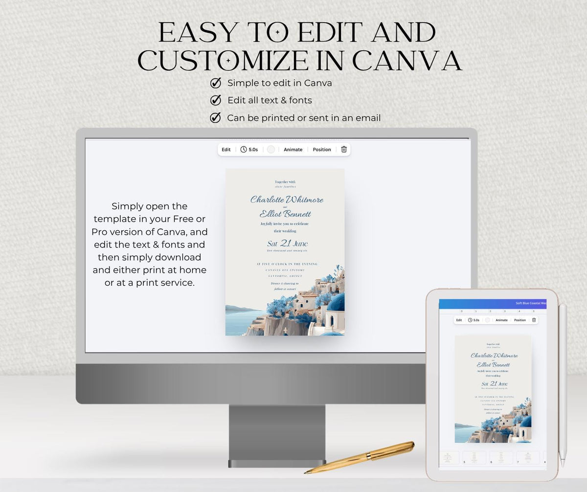 Santorini Wedding Invitation. Blue Dome Greek Village Invite, Editable Canva Template, Destination Design.
