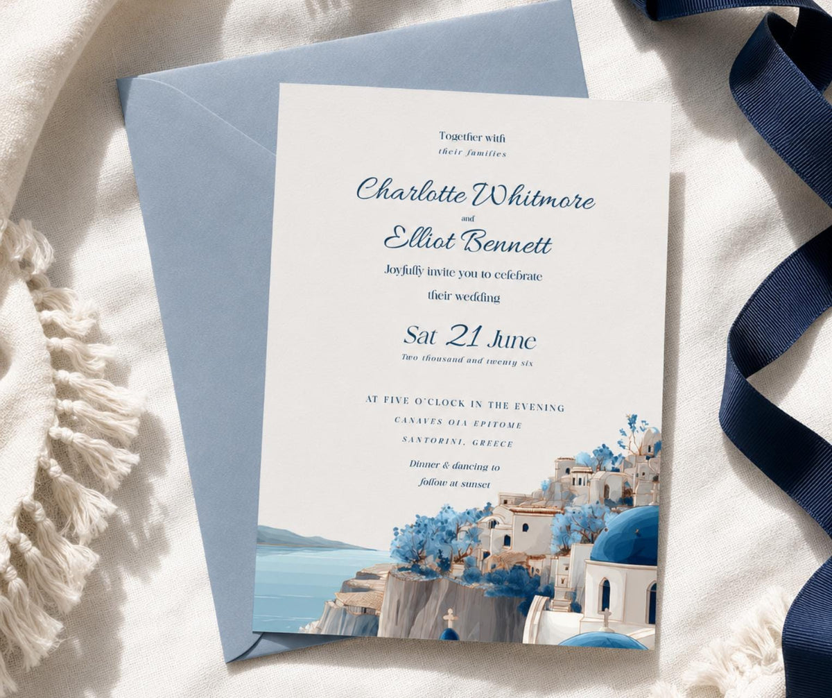 Santorini Wedding Invitation. Blue Dome Greek Village Invite, Editable Canva Template, Destination Design.