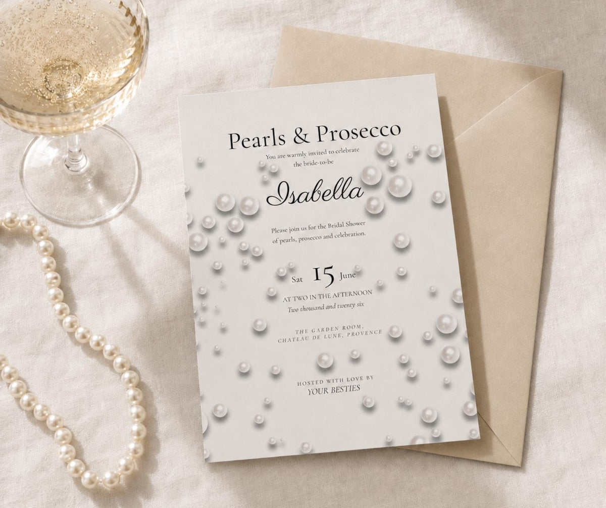 Pearls and Prosecco Bridal Shower Invitation. Elegant Ivory Pearl Invite, Editable Template, Printable Download.