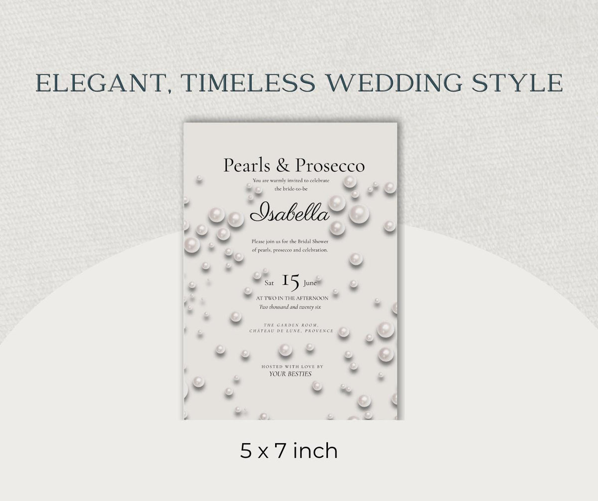 Pearls and Prosecco Bridal Shower Invitation. Elegant Ivory Pearl Invite, Editable Template, Printable Download.