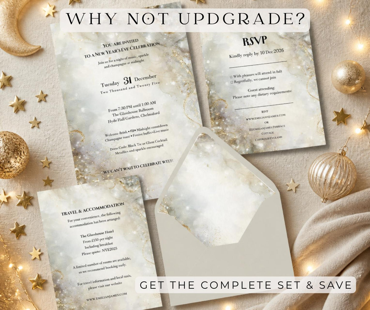 New Year's Eve Party Invitation. Champagne Gold Marble Invite. Editable Canva Template, Black Tie, cocktail Party Design.
