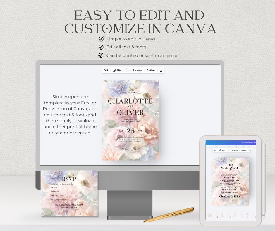 Pastel Wedding Invitation Suite. Romantic Lilac Blush Floral Bundle, Editable Canva Template, English Garden Stationery.