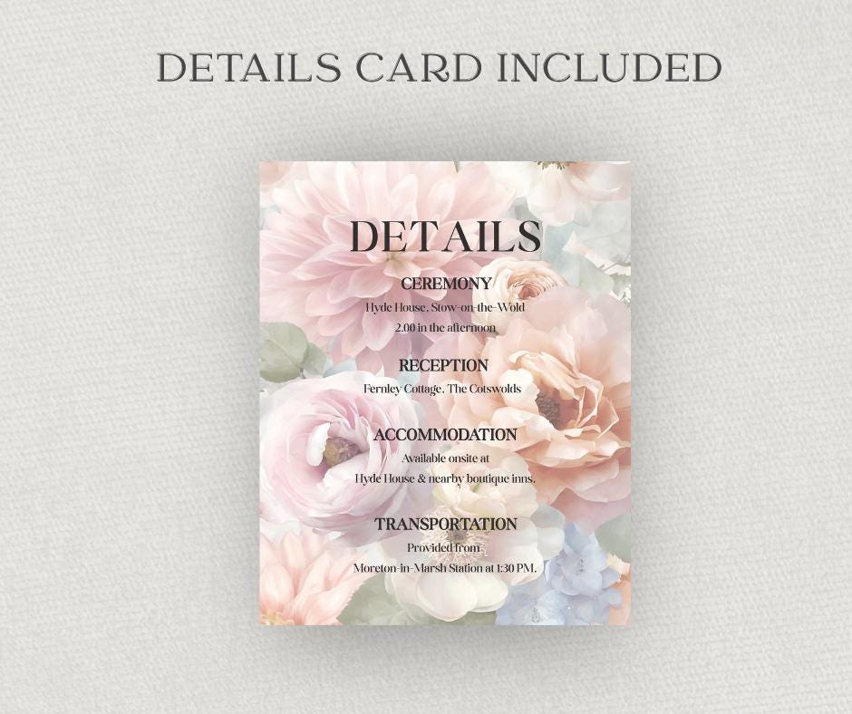 Pastel Wedding Invitation Suite. Romantic Lilac Blush Floral Bundle, Editable Canva Template, English Garden Stationery.