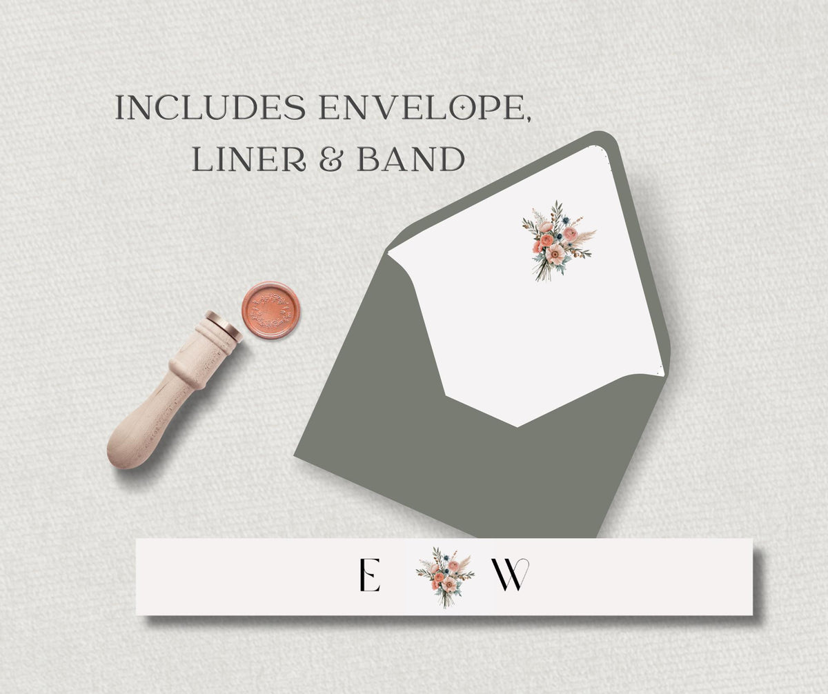Coastal Boho Wedding Invitation Suite, Mallorca Terracotta Sage Bundle, Editable Canva Template, Destination Stationery.