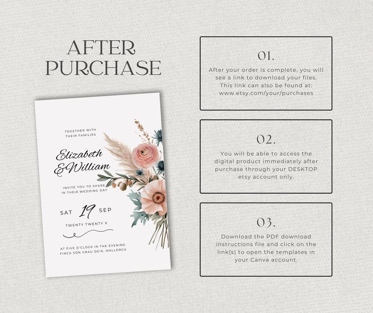 Coastal Boho Wedding Invitation Suite, Mallorca Terracotta Sage Bundle, Editable Canva Template, Destination Stationery.