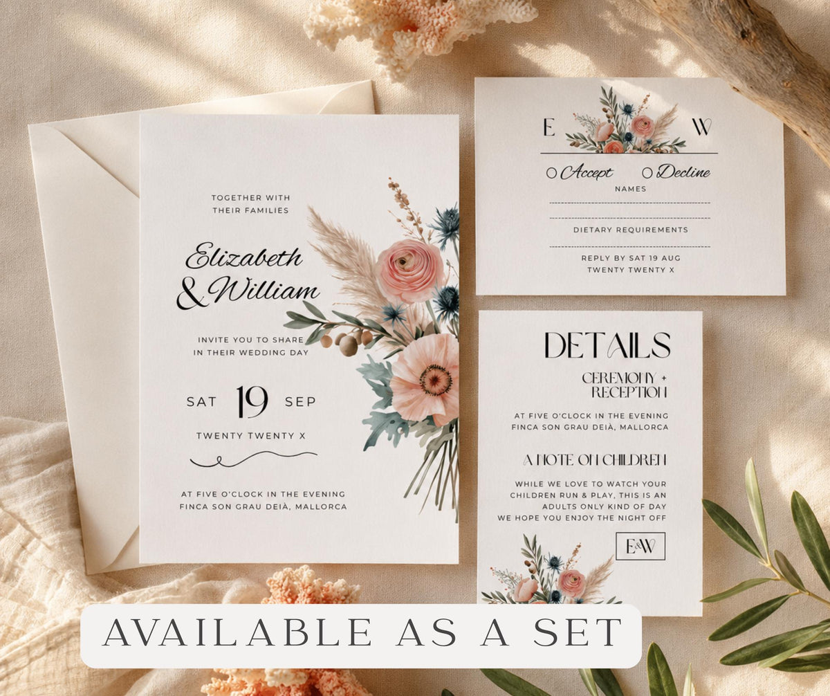 Coastal Boho Wedding Invitation Suite, Mallorca Terracotta Sage Bundle, Editable Canva Template, Destination Stationery.