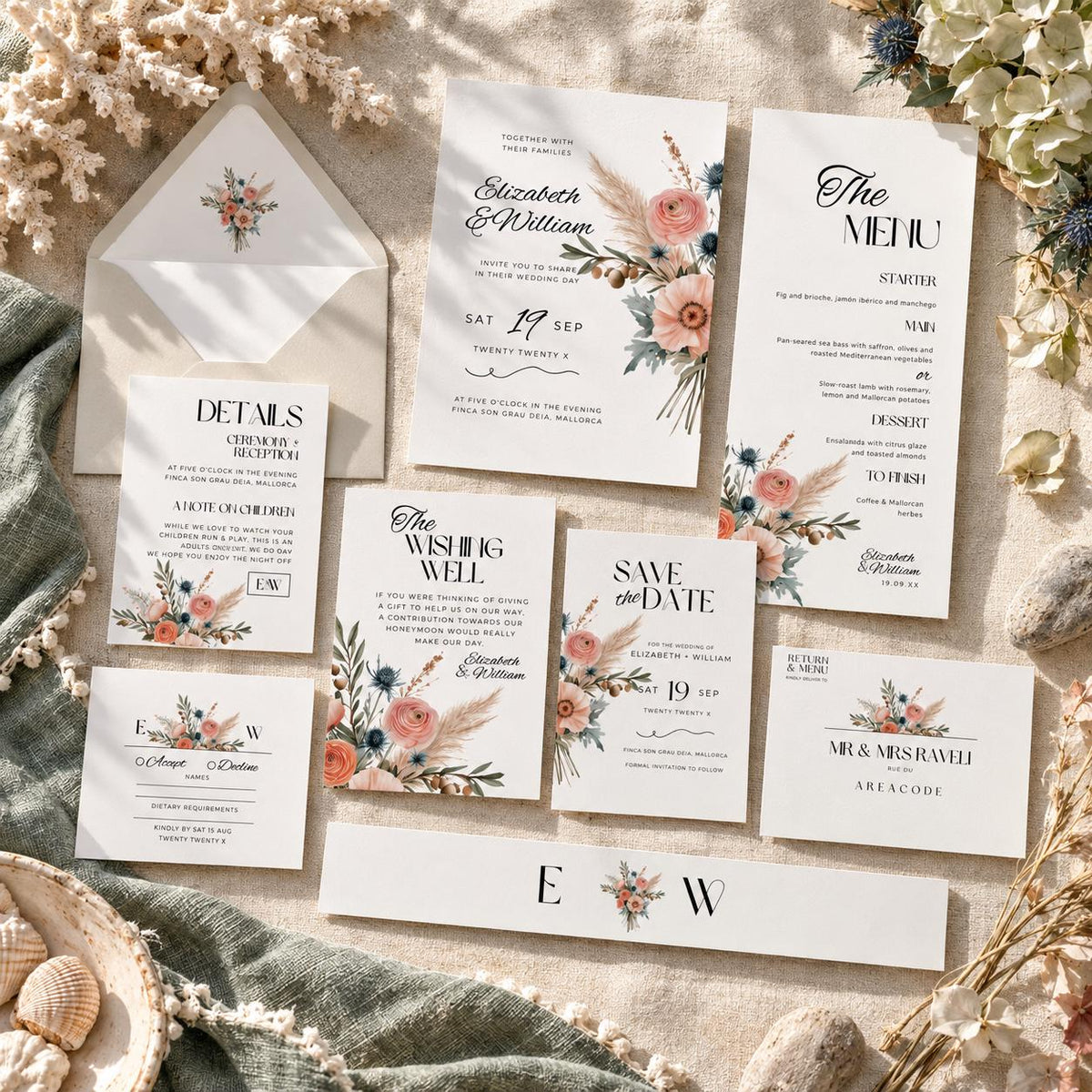 Coastal Boho Wedding Invitation Suite, Mallorca Terracotta Sage Bundle, Editable Canva Template, Destination Stationery.