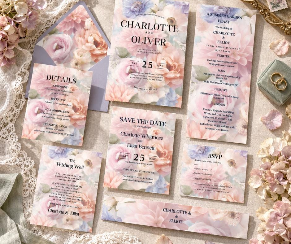 Pastel Wedding Invitation Suite. Romantic Lilac Blush Floral Bundle, Editable Canva Template, English Garden Stationery.