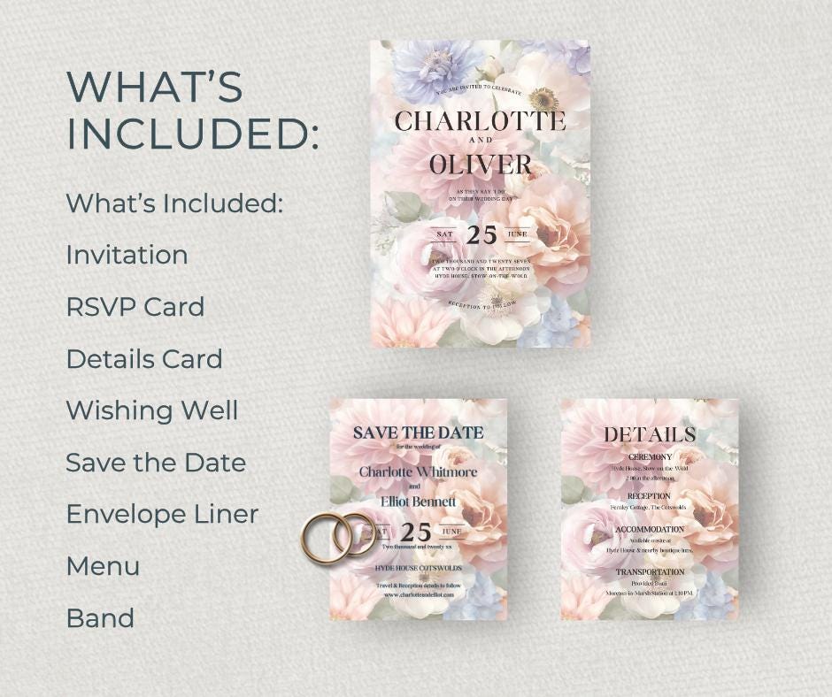 Pastel Wedding Invitation Suite. Romantic Lilac Blush Floral Bundle, Editable Canva Template, English Garden Stationery.