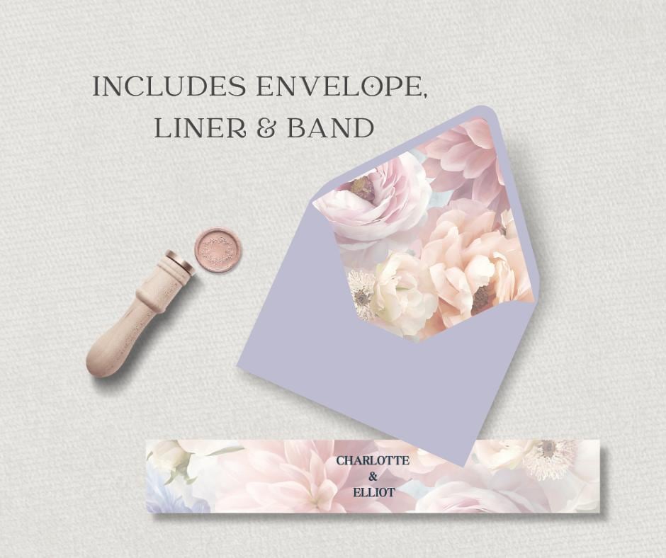 Pastel Wedding Invitation Suite. Romantic Lilac Blush Floral Bundle, Editable Canva Template, English Garden Stationery.