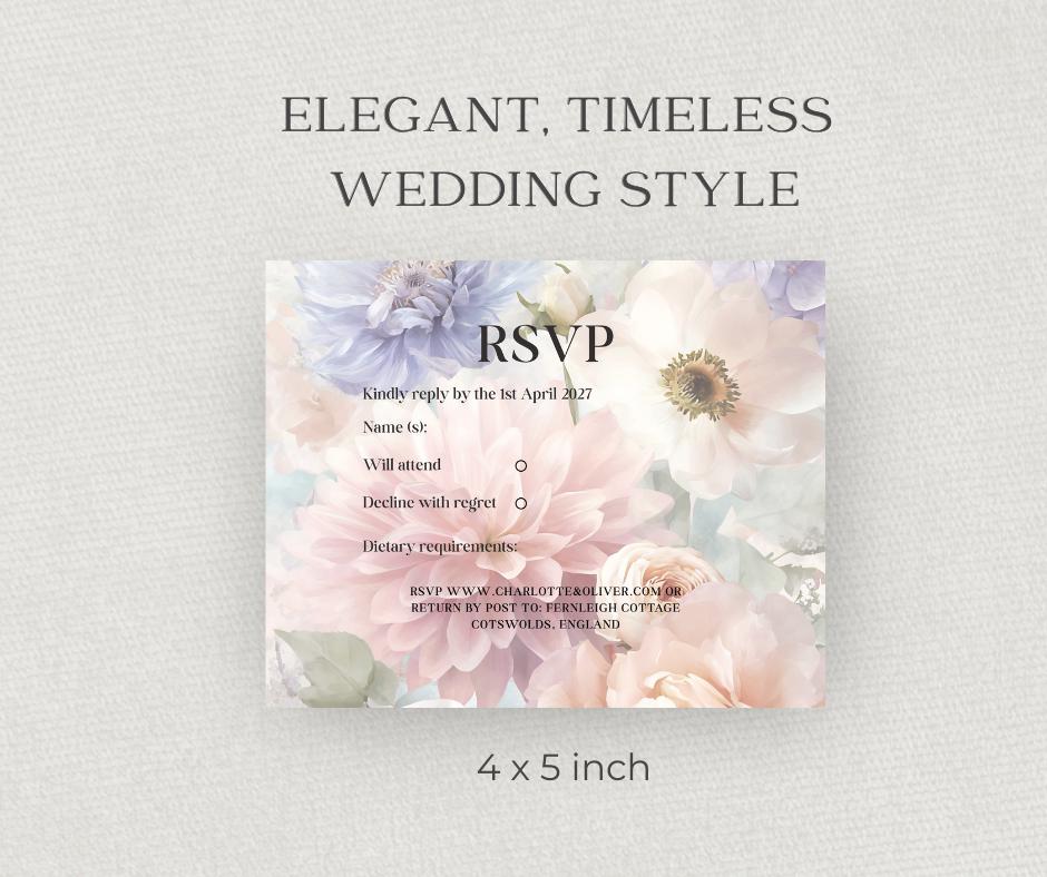 Pastel Wedding Invitation Suite. Romantic Lilac Blush Floral Bundle, Editable Canva Template, English Garden Stationery.