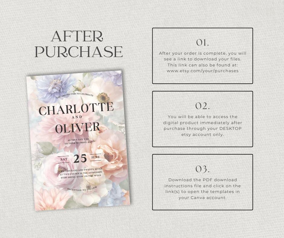 Pastel Wedding Invitation Suite. Romantic Lilac Blush Floral Bundle, Editable Canva Template, English Garden Stationery.