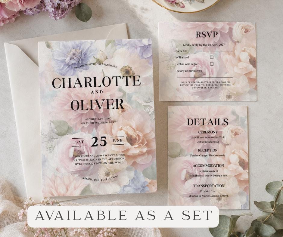 Pastel Wedding Invitation Suite. Romantic Lilac Blush Floral Bundle, Editable Canva Template, English Garden Stationery.