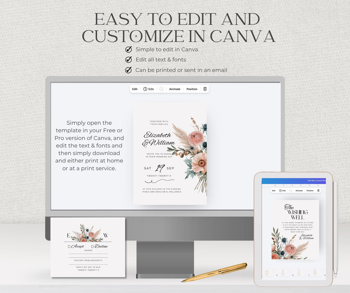 Coastal Boho Wedding Invitation Suite, Mallorca Terracotta Sage Bundle, Editable Canva Template, Destination Stationery.