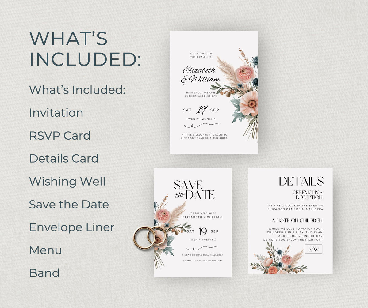 Coastal Boho Wedding Invitation Suite, Mallorca Terracotta Sage Bundle, Editable Canva Template, Destination Stationery.