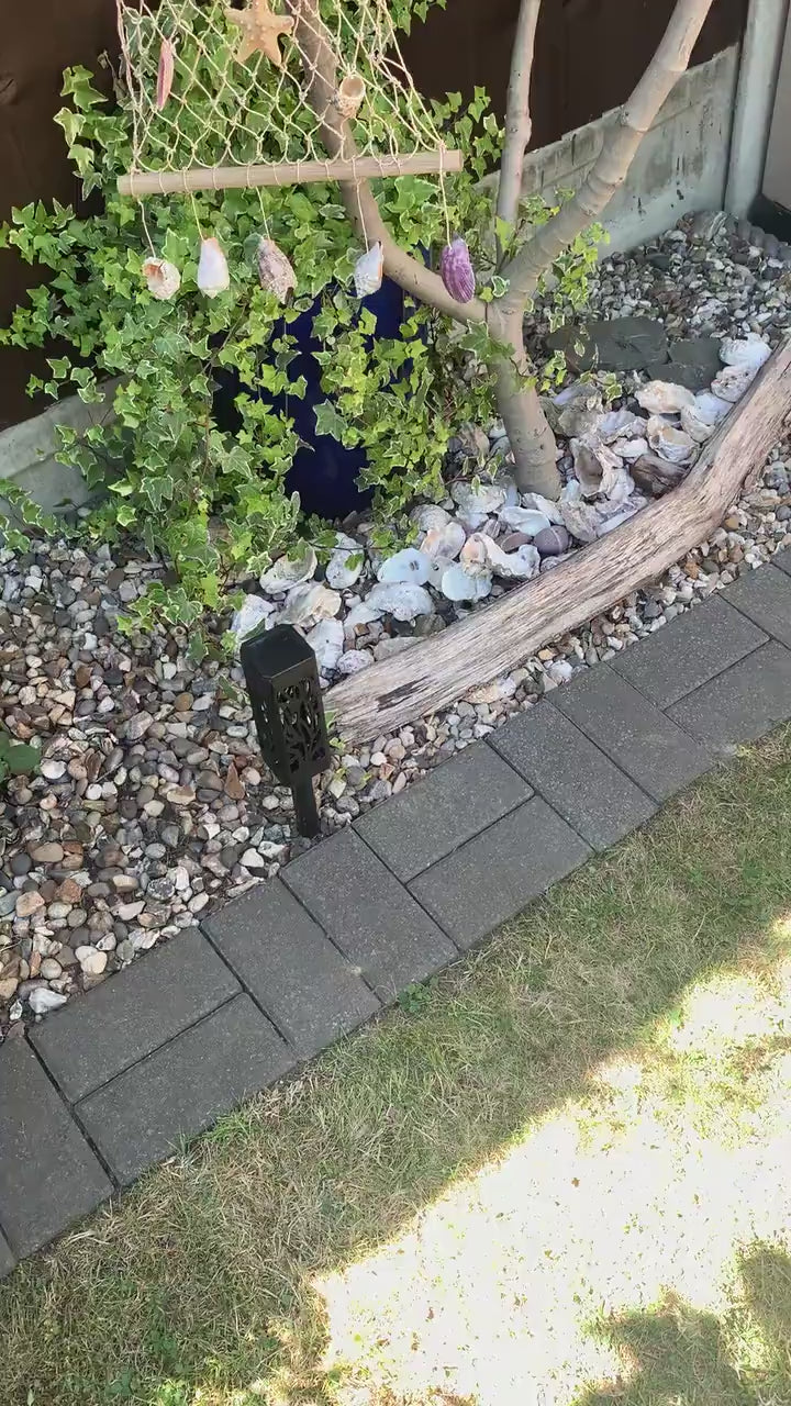 Fisherman net and sea shell nautical hanging decor. Natural wood, Shell and starfish mobile. Beach themed decoration for the garden or spa.