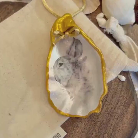 Hare portrait oyster shell in rich gold. Easter gift for hare lovers. Black and gold hare hanging ornament. Wildlife animal gift.