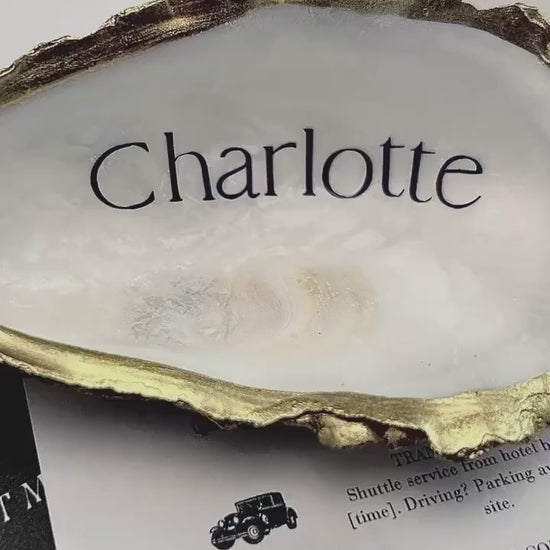 Gold Oyster Shell Place Cards. Personalised Wedding Name Place. Coastal Favour Gift.