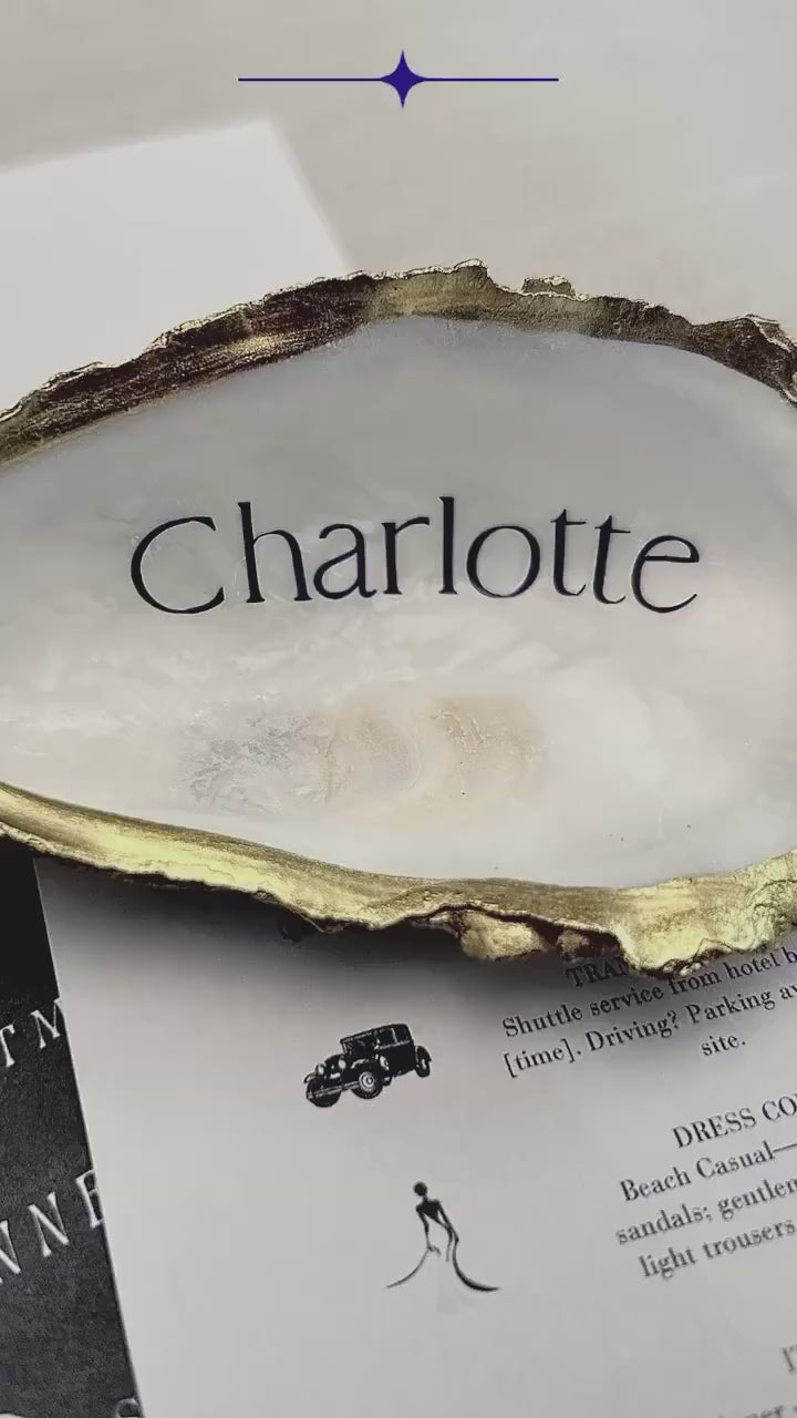 Gold Oyster Shell Place Cards. Personalised Wedding Name Place. Coastal Favour Gift.