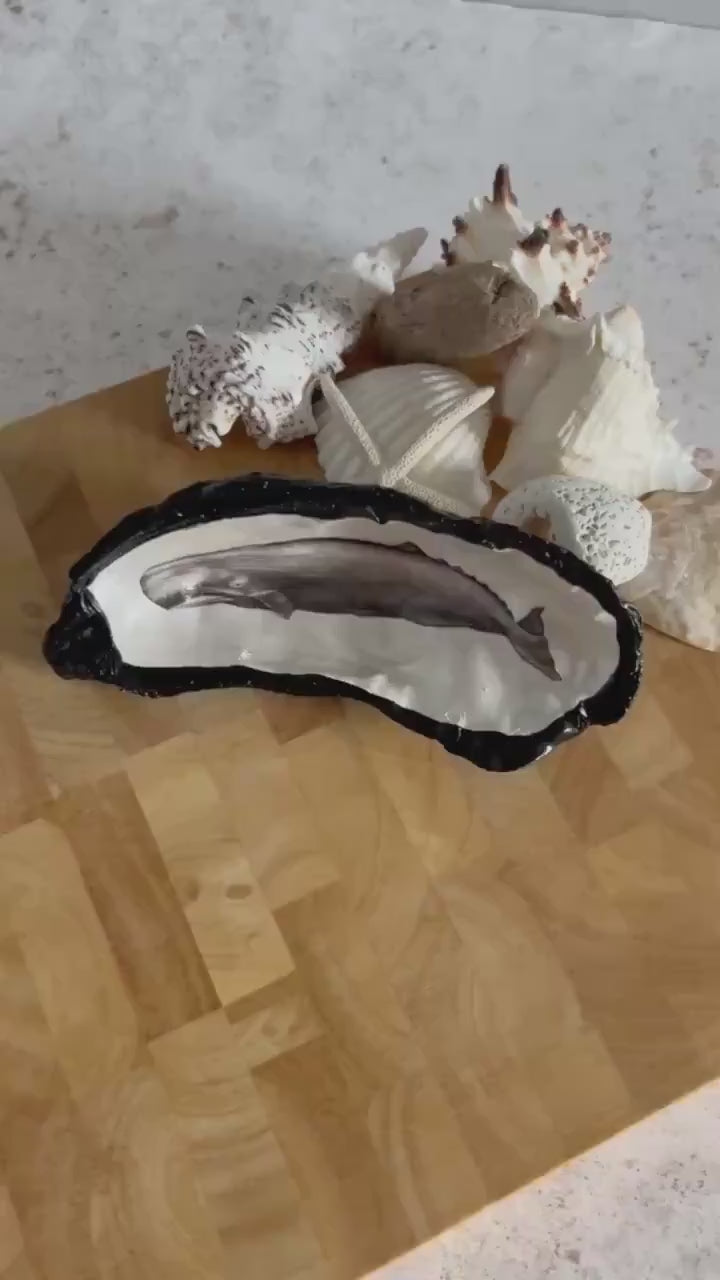 Black vintage whale oyster shell. Nautical black desk accessory. Home office dish tidy. Monochrome home decor gift for him.