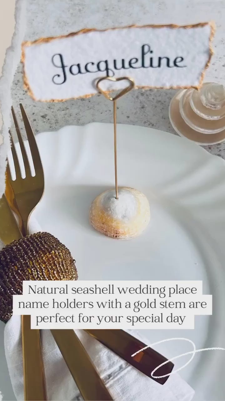 Personalised shell name cards. Seashell name card holder. Gold edged hand torn place names. Destination wedding shell guest name and favor.