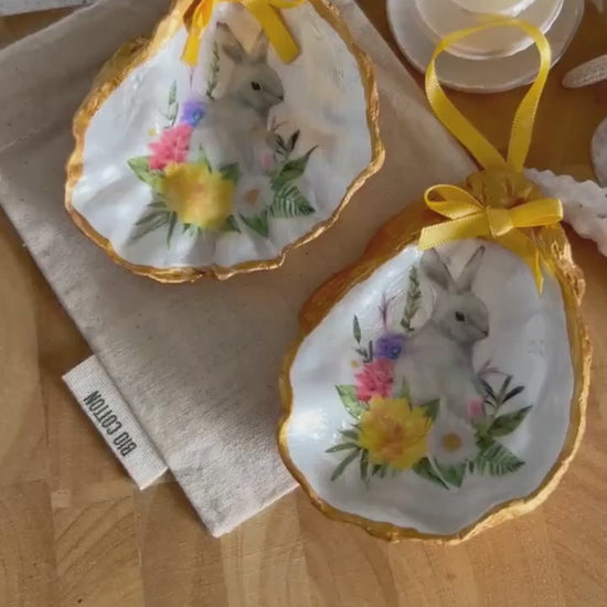 White rabbit floral bauble. Gold oyster shell hanging ornament. White spring bunny gift for her. Birthday gift for rabbit lover.