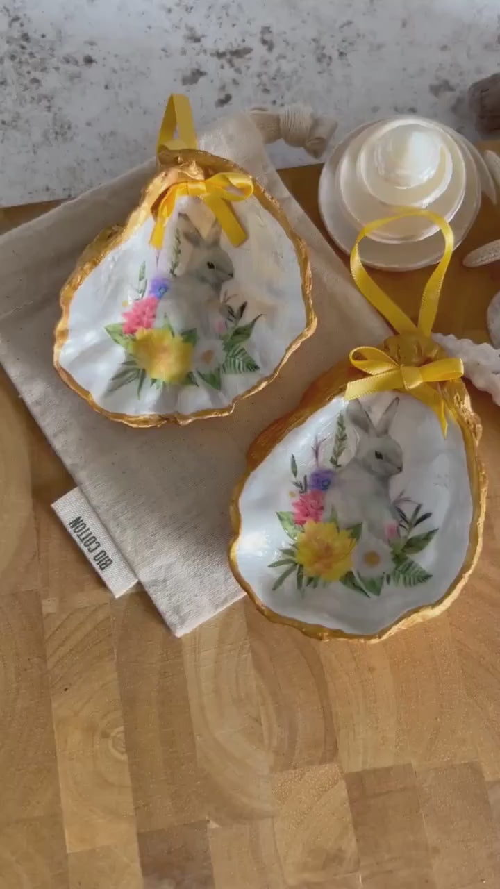 White rabbit floral bauble. Gold oyster shell hanging ornament. White spring bunny gift for her. Birthday gift for rabbit lover.