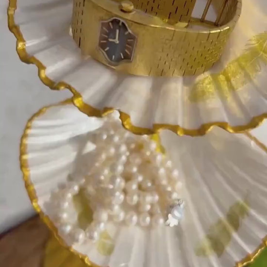 Gold scallop shell jewellery stand with feather design. Two tier jewellery display gift for her. Bedside ring, earring and necklace holder.