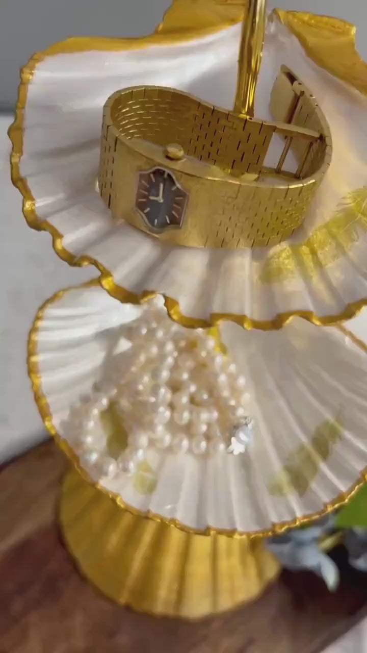 Gold scallop shell jewellery stand with feather design. Two tier jewellery display gift for her. Bedside ring, earring and necklace holder.