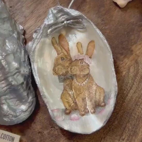 Brown Bunnies hanging decoration. Natural oyster shell rabbit gift for a nature lover. Easter spring table decor. Rabbit lovers gift.